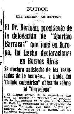 Victoria de Sportivo Barracas en Barcelona 1929